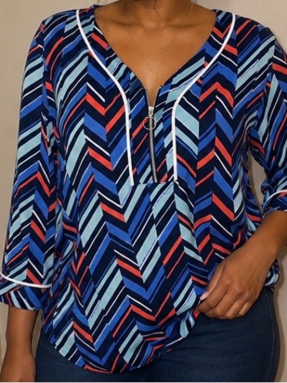 Kim Rogers Chevron Zip-Front Blouse in Navy, Light Blue & Coral